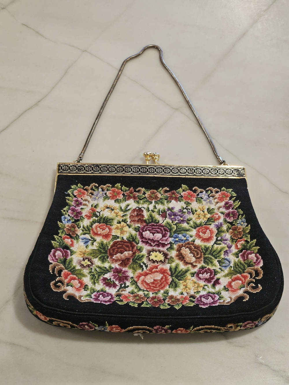 Vintage Floral Needlepoint Evening Bag - Black